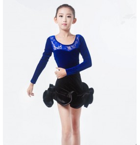 Black and red velvet leotards long sleeves lace patchwork girls kids children stage performance latin salsa dance dresses outfits costumes